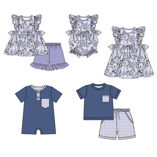 12.5 (Custom Design Preorder MOQ 5 Each Design) Flowers Navy Print Kids Summer Matching Clothes Sibling Wear