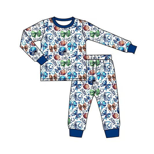 (Custom Design Preorder MOQ 5) Team's Blue Green Bows Print Girls Pajamas Clothes Set