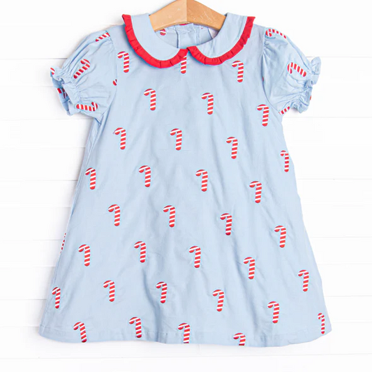 (Custom Design Preorder MOQ 5 ) Candy Cane Print Girls Christmas Knee Length Dress