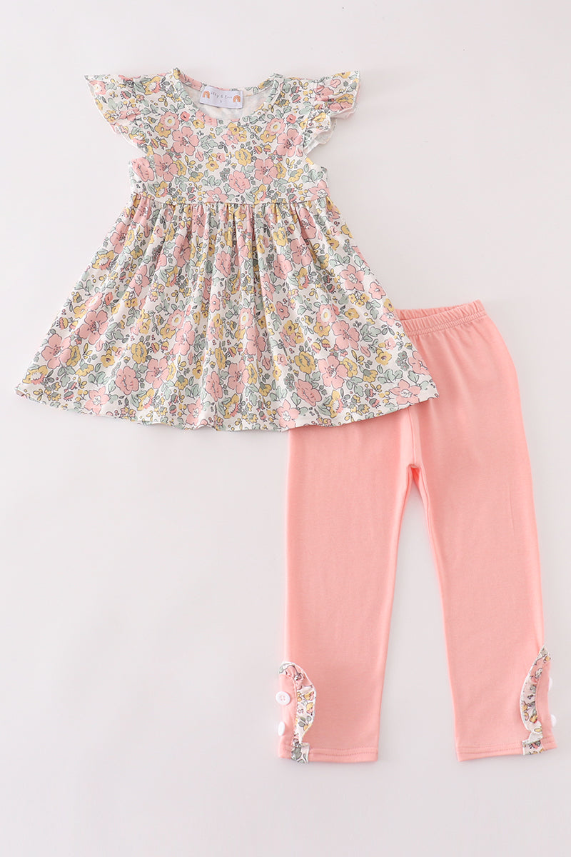 (Custom Design Preorder MOQ 5) Pink Yellow Flowers Tunic Top Pink Pants Girls Spring Clothes Set