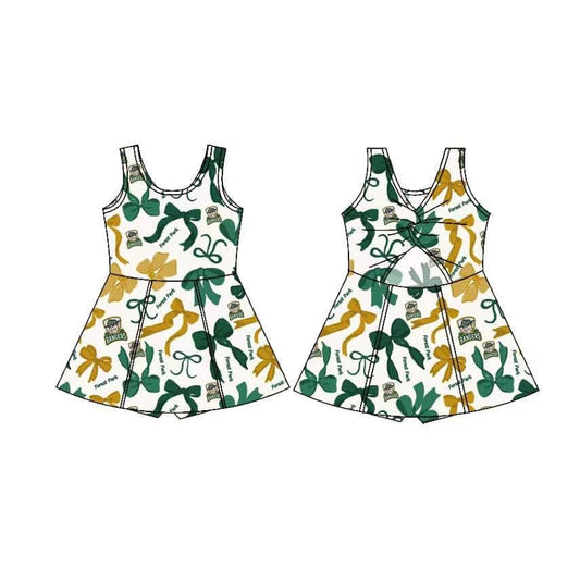(Custom Design Preorder MOQ 5) Team's Forest ParkYellow Green Bows Print Shorts Skirts Girls Summer Yoga Dress