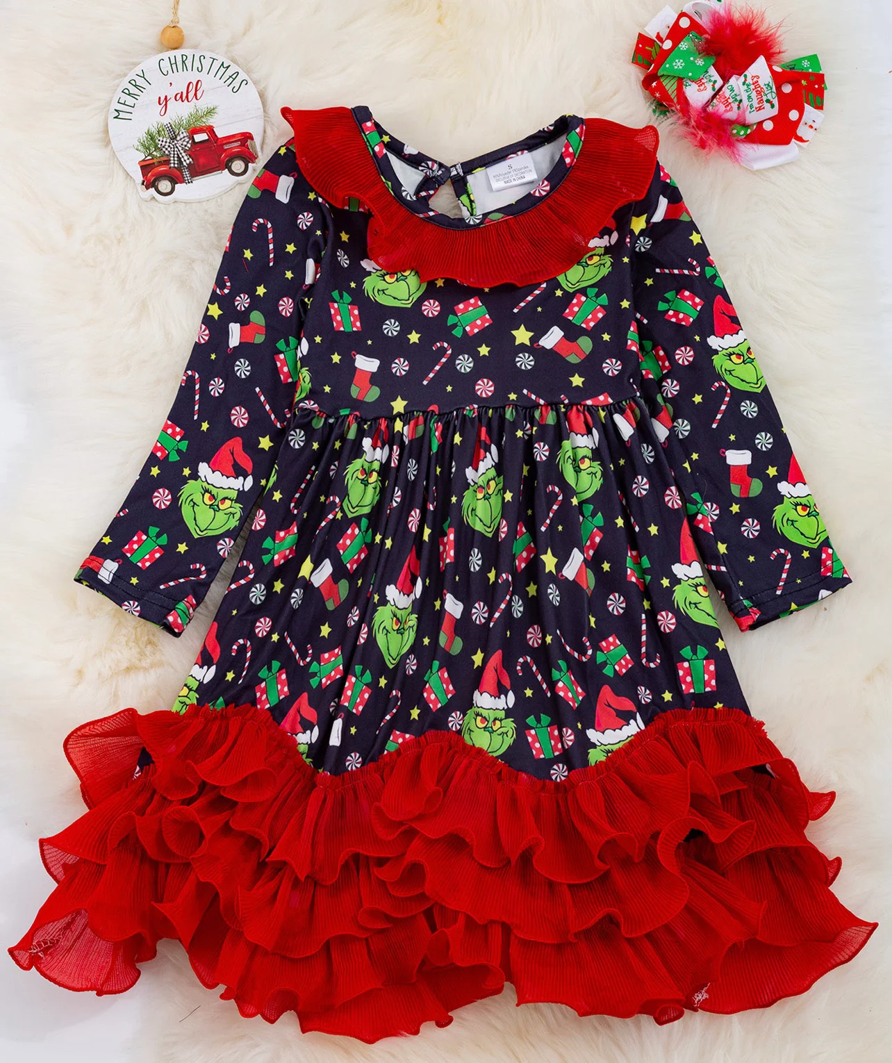 (Custom Design MOQ 5) Black Christmas Frog Print Red Ruffles Ankle Length Dress