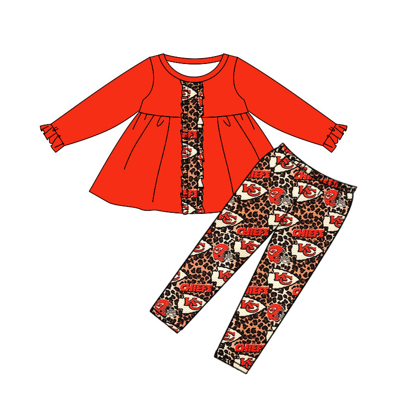 (Custom Design Preorder MOQ 5) Red Tunic Top Team's KC Leopard Pants Girls Fall Clothes Set