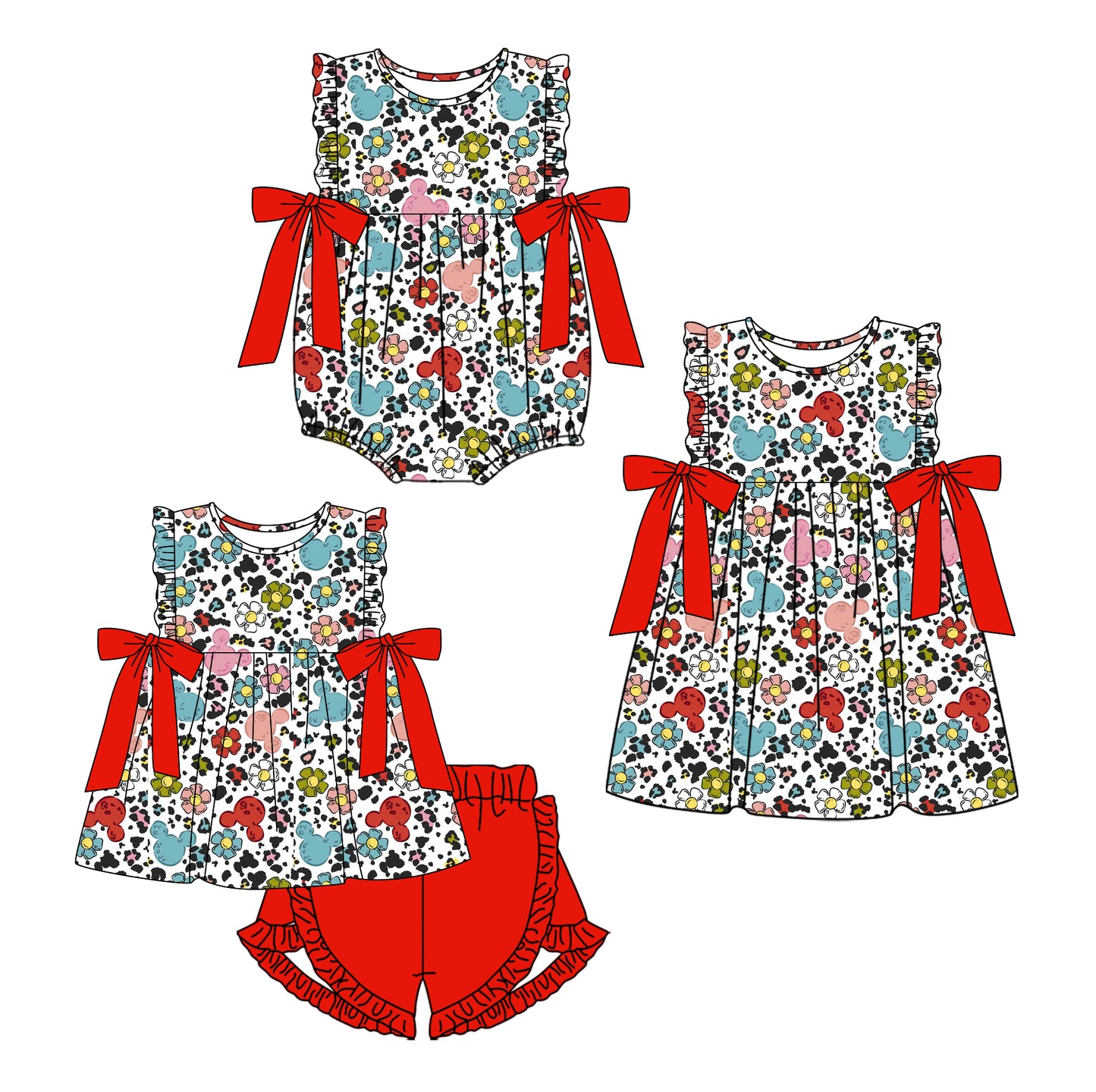 11.21(Custom Design Preorder MOQ 5 Each Design) Cartoon Mouse Flowers Print Girls Summer Matching Clothes Sisters Wear