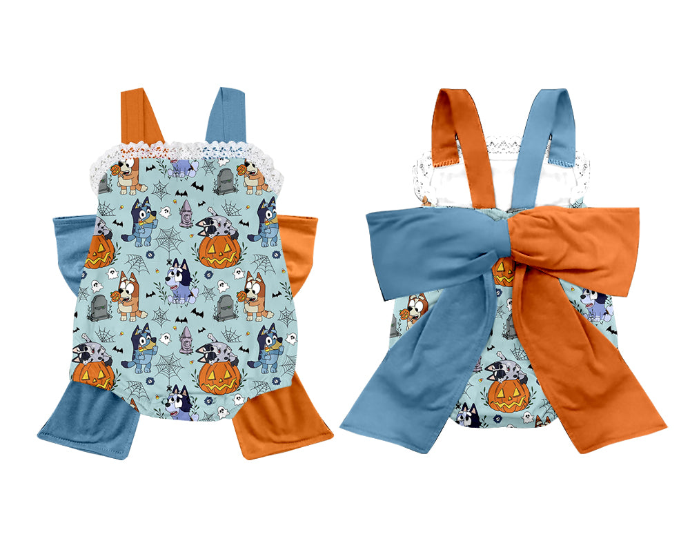 (Custom Design Preorder MOQ 5) Cartoon Dog Pumpkin Print Baby Girls Halloween Romper Big Bow On the Back