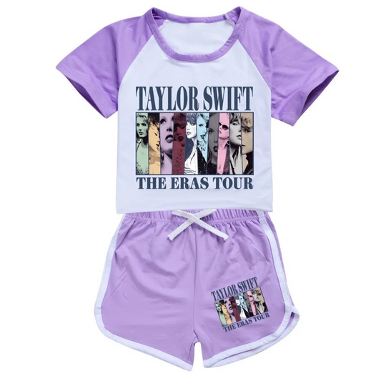 (Custom Design Preorder MOQ 5)  Singer Swiftie Purple Print Girls Summer Clothes Set