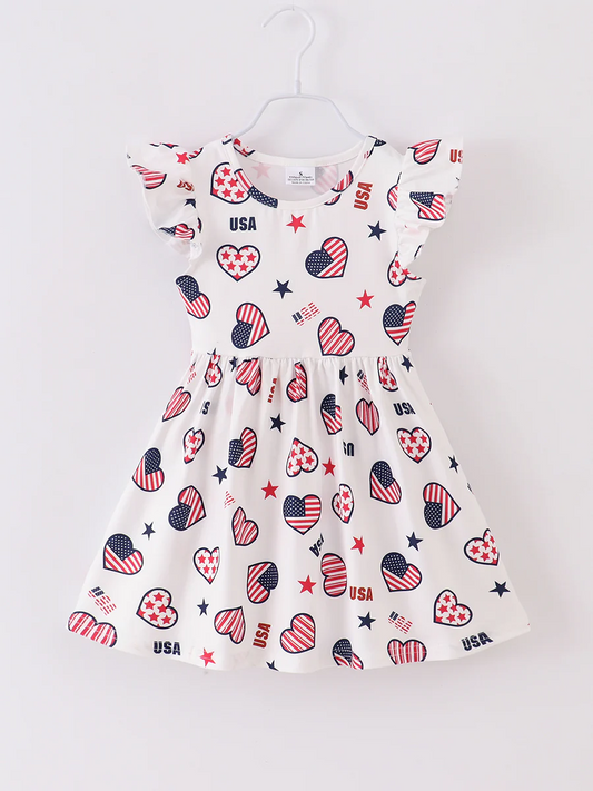 (Custom Design Preorder MOQ 5) Flag Heart USA Print Girls Knee Length 4th of July Dress
