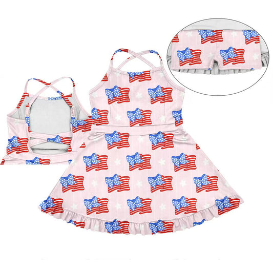 3.10(Custom Design Preorder MOQ 5) Flag Bows Stars Print Girls 4th of July Knee Length Shorts Dress