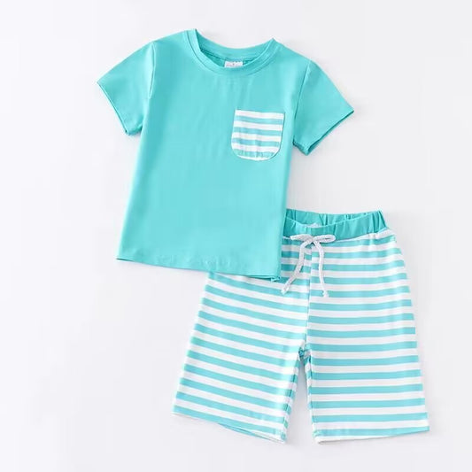 (Custom Design Preorder MOQ 5) Blue Pocket Top Stripes Shorts Boys Summer Clothes Set