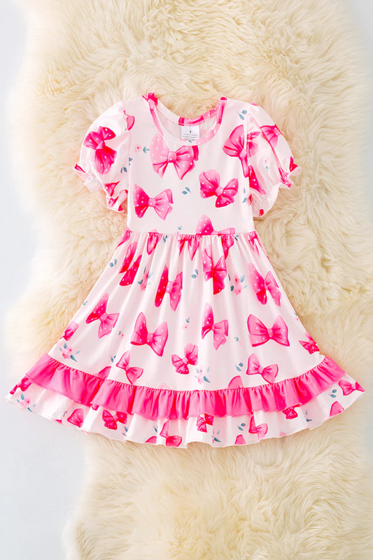 (Custom Design Preorder MOQ 5) Pink Bows Flowers Print Girls Knee Length Summer Dress