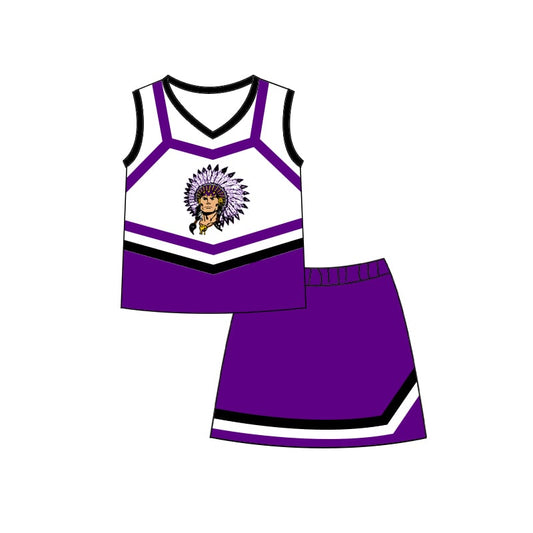 (Custom Design Preorder MOQ 5 ) Team's Indians Print Purple Skirts Girls Summer Clothes Set