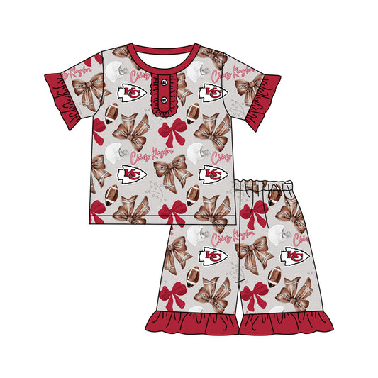 (Custom Design Preorder MOQ 5) Team's Chiefs Bows Print Girls Summer Pajamas Clothes Set