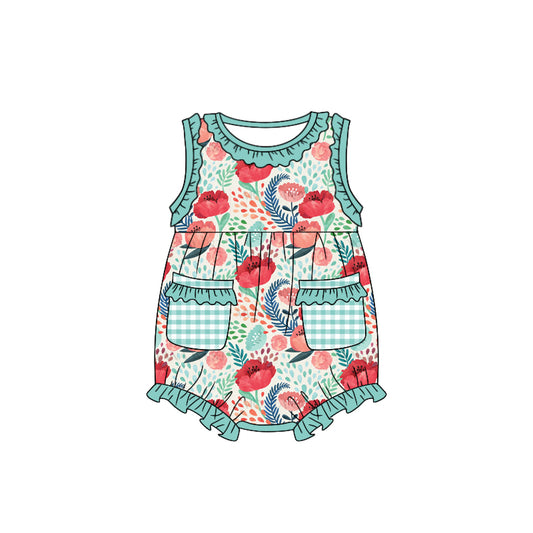 (Custom Design Preorder MOQ 5) Green Flowers Print Pockets Baby Girls Summer Romper