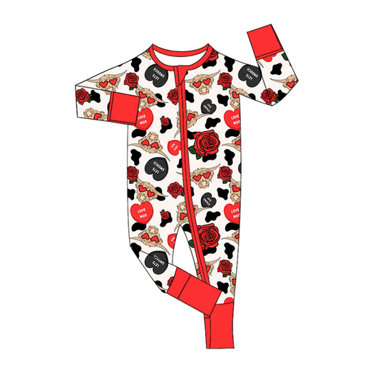 (Custom Design Preorder MOQ 5)  Highland Cow Heart Print Baby Girls Western Valentine's Day Bamboo Sleeper Zipper Romper