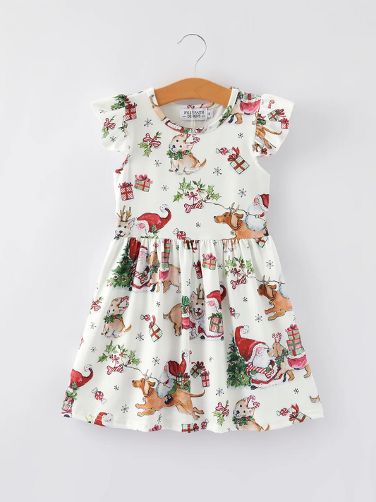 (Custom Design Preorder MOQ 5) Dog Holly Print Girls Christmas Knee Length Dress