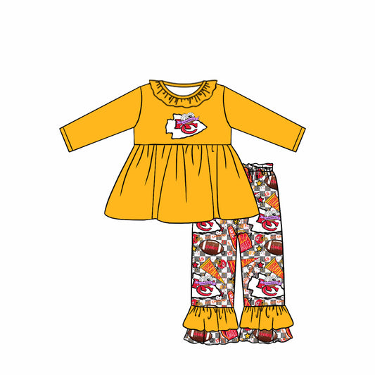 (Custom Design Preorder MOQ 5) Team's KC Yellow Tunic Top Ruffle Pants Girls Fall Clothes Set