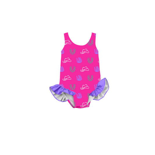 (Custom Design Preorder MOQ 5)  Hat Print Girls 1 Piece Western Swimsuits