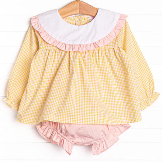 (Custom Design Preorder MOQ 5) Yellow Plaid Top Pink Shorts Baby Girls Fall Bummie Set