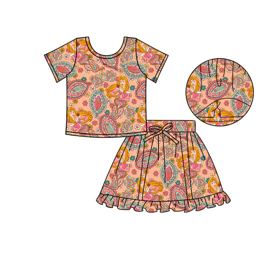 (Custom Design Preorder MOQ 5) Cartoon Princess Rose Top Skirts Shorts Girls Summer Clothes Set