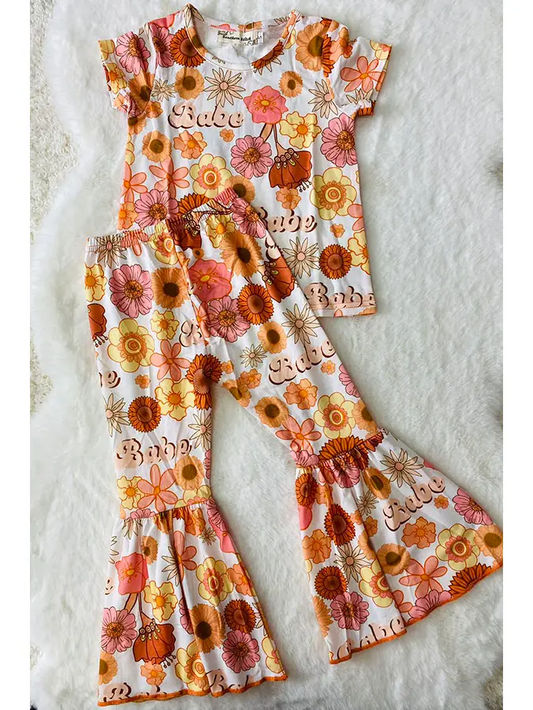 (Custom Design Preorder MOQ 5) Flowers Babe Bell Pants Girls Fall Clothes Set