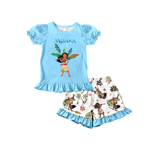 (Custom Design Preorder MOQ 5) Cartoon Pig Beach Print Blue Top Shorts Girls Summer Clothes Set