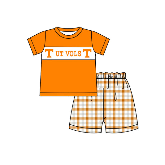(Custom Design Preorder MOQ 5)  Team's Tennessee VOLS Top Plaid Shorts Boys Summer Clothes Set