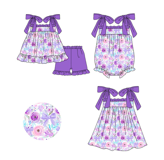 11.20(Custom Design Preorder MOQ 5 Each Design) Purple Flowers Bows Print Girls Summer Matching Clothes Sisters Wear