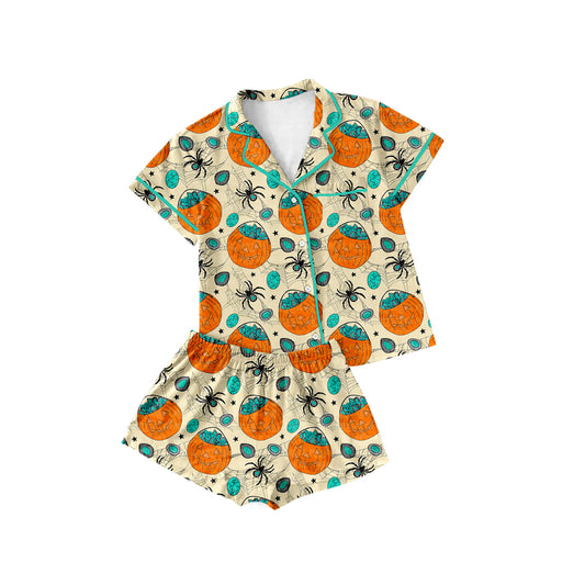 (Custom Design Preorder MOQ 5 Each Design) Pumpkin Basket Turquoise Print Halloween Buttons Pajamas Sets Mom and Me Matching Clothes