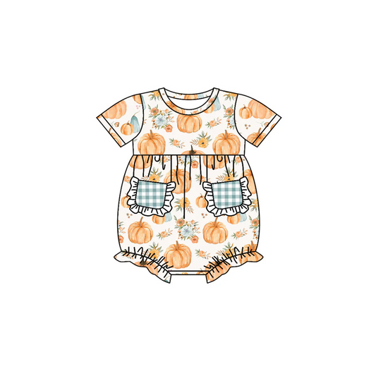 (Custom Design Preorder MOQ 5) Pumpkin Print Baby Girls Fall Romper