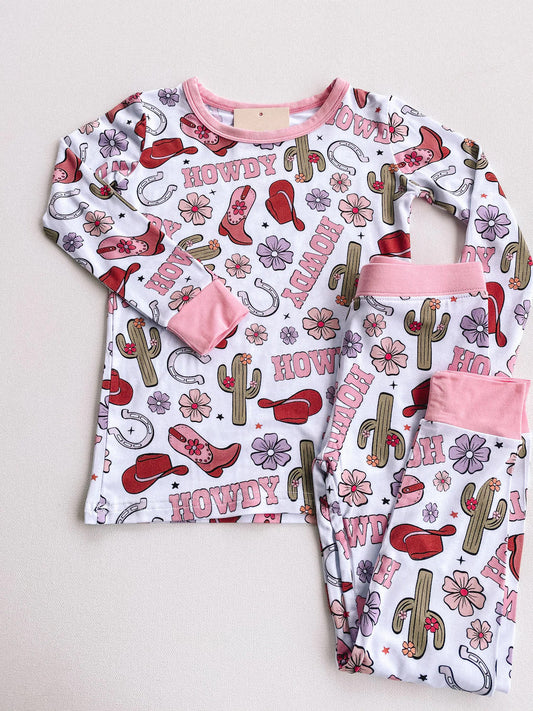 (Custom Design Preorder MOQ 5) Howdy Flowers Boots Print Girls Bamboo Pajamas Clothes Set