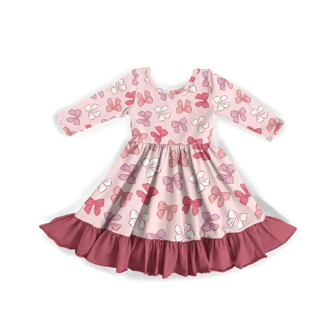 (Custom Design Preorder MOQ 5)  Bows Print Girls Fall Knee Length Dress