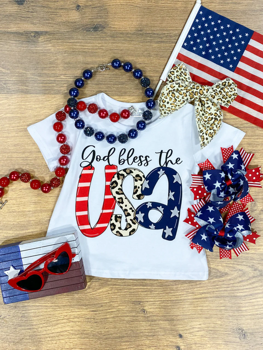 (Custom Design Preorder MOQ 5) USA Stars Print Girls 4th of July Tee Shirts Top