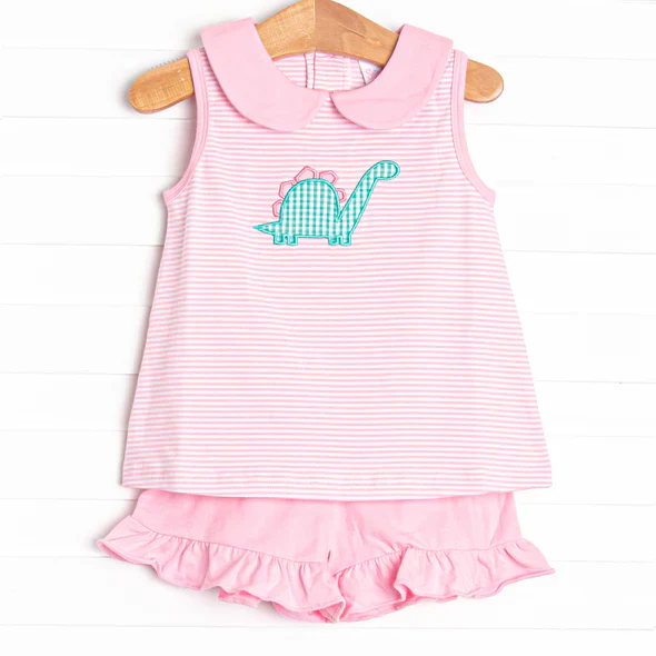 (Custom Design Preorder MOQ 5) Dino Stripes Top Pink Shorts Girls Summer Clothes Set