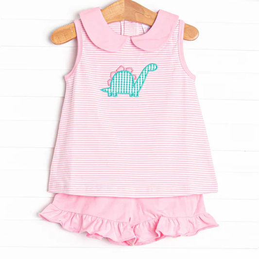 (Custom Design Preorder MOQ 5) Dino Stripes Top Pink Shorts Girls Summer Clothes Set