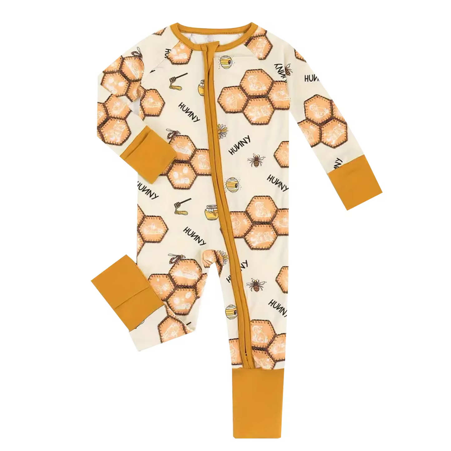 (Custom Design Preorder MOQ 5)  Bee Print Baby Girls Fall Sleeper Zipper Romper