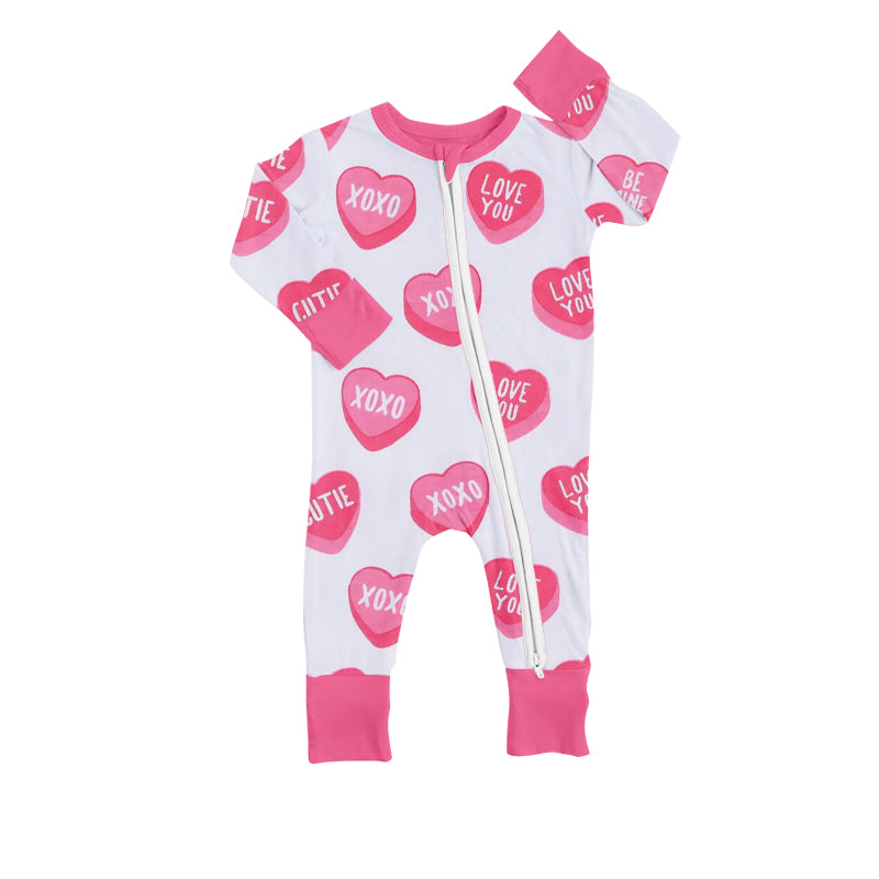 (Custom Design MOQ 5) Pink Love You Heart Print Baby Girls Sleeper Valentine's Romper