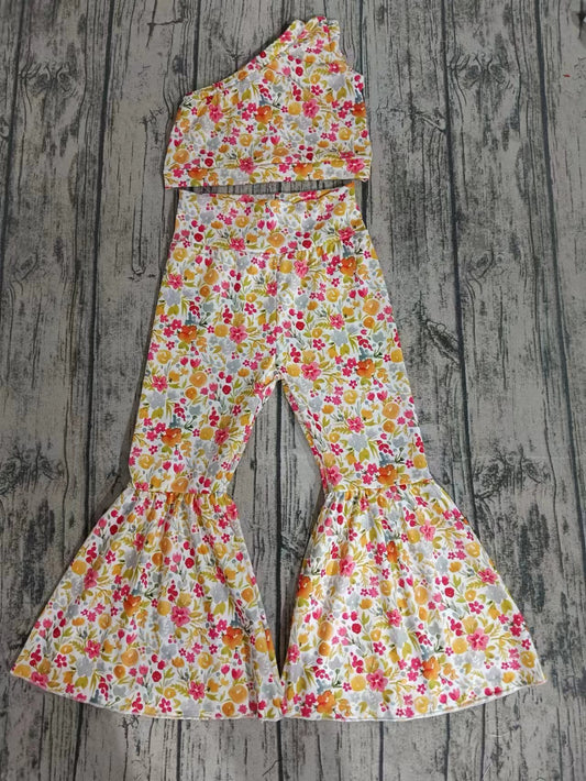 (Custom Design Preorder MOQ 5) Flowers Print Crop One Shoulder Top Red Bell Pants Girls Summer Clothes Set