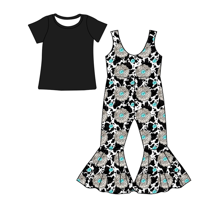 (Custom Design Preorder MOQ 5) Black Top Turquoise Print Jumpsuit Girls Clothes Set