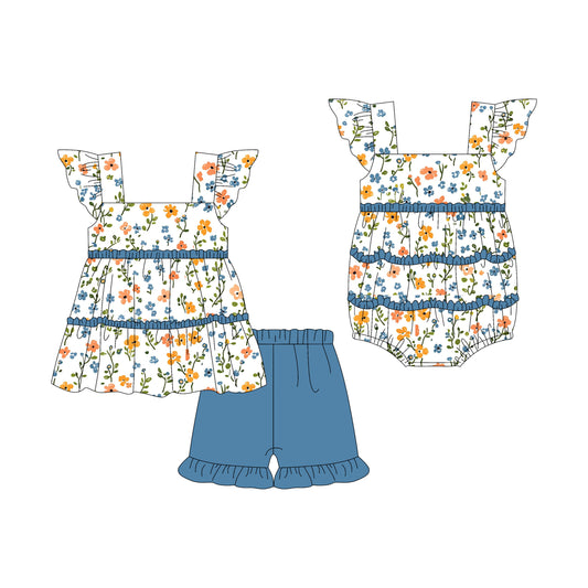 3.7(Custom Design Preorder MOQ 5 Each Design) Small Flowers Print Girls Summer Matching Clothes Sisters Wear