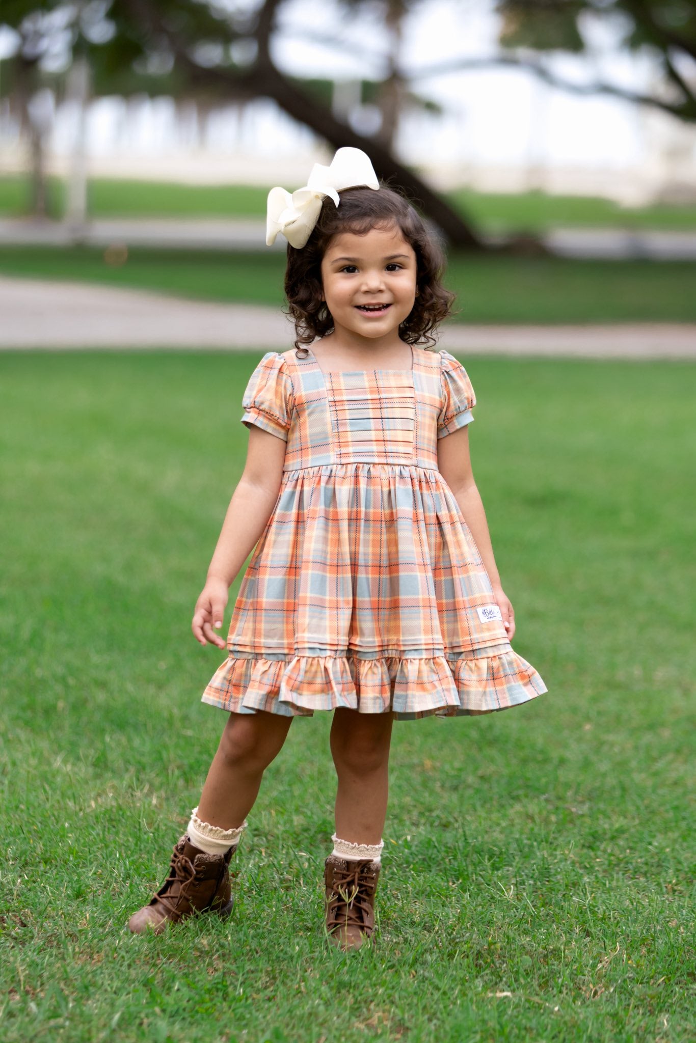 (Custom Design Preorder MOQ 5 ) Orange Plaid Print Girls Fall Knee Length Dress