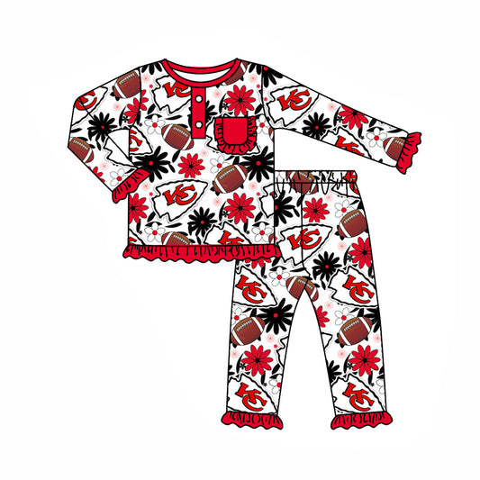 (Custom Design Preorder MOQ 5) Team's KC Flowers Print Pocket Girls Fall Pajamas Clothes Set