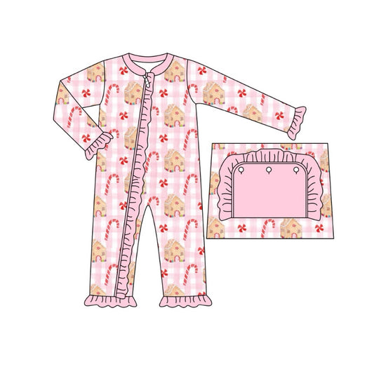 (Custom Design Preorder MOQ 5)  Candy House Print Baby Girls Bamboo Christmas Sleeper Zipper Romper