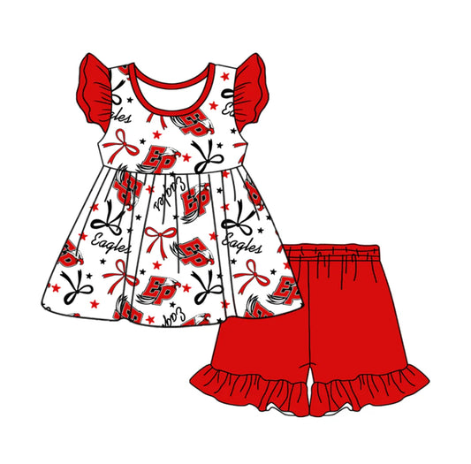 (Custom Design Preorder MOQ 5) Team's EP Bows Top Red Shorts Girls Summer Clothes Set