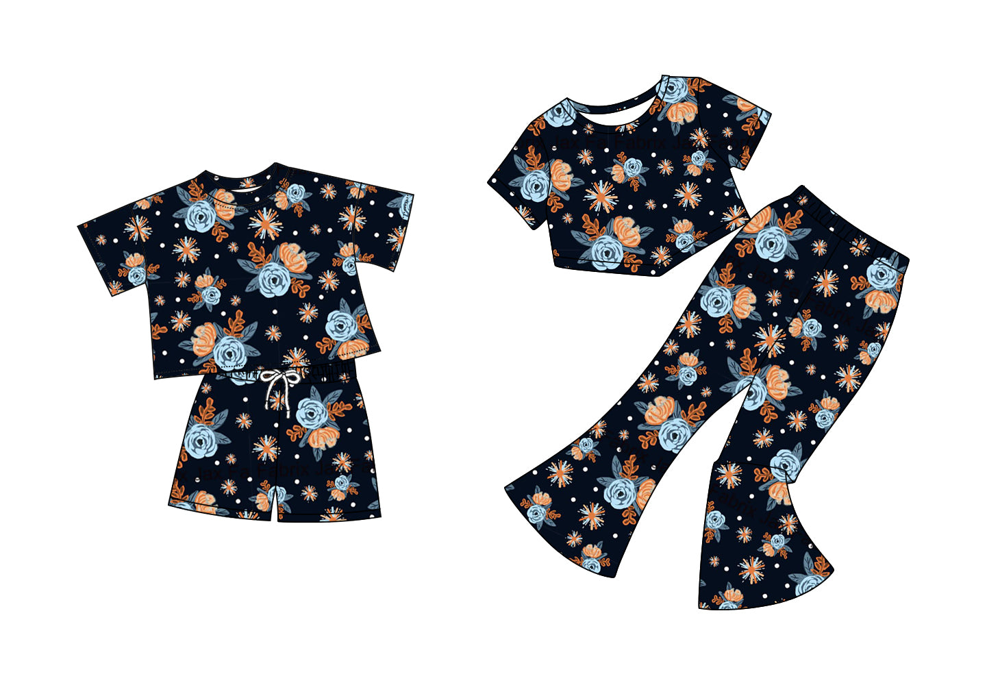 5.2(Custom Design Preorder MOQ 5 Each Design) Blue Orange Flowers Print Girls Matching Clothes Sisters Wear