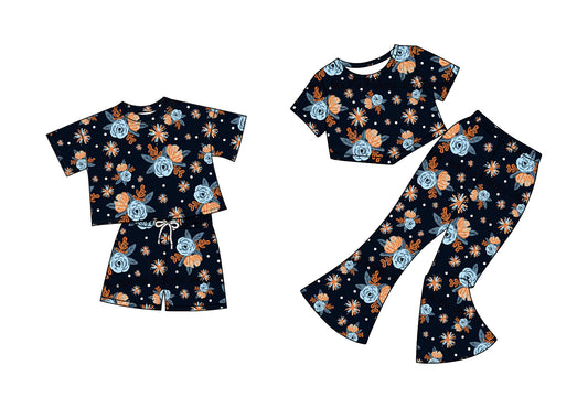5.2(Custom Design Preorder MOQ 5 Each Design) Blue Orange Flowers Print Girls Matching Clothes Sisters Wear