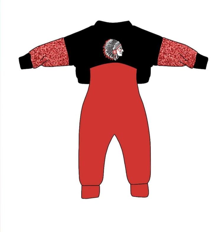 (Custom Design Preorder MOQ 5) Red Football Team's Print Girls Jumpsuits Clothes Set