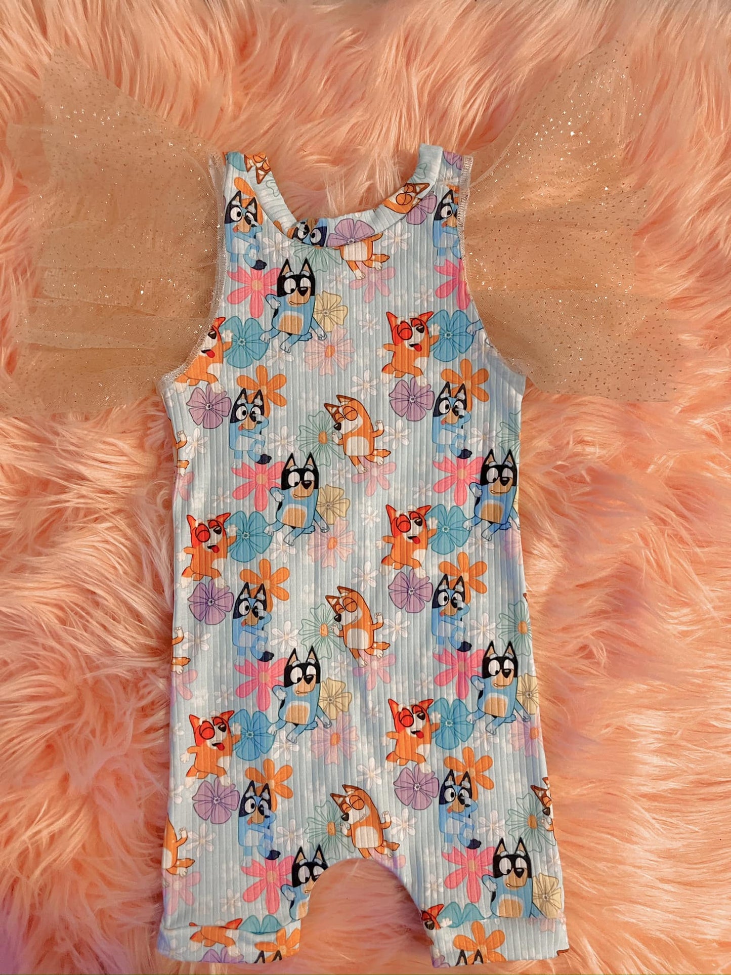 (Custom Design Preorder MOQ 5)  Cartoon Dog Flowers Print Baby Girls Summer Ribbed Romper