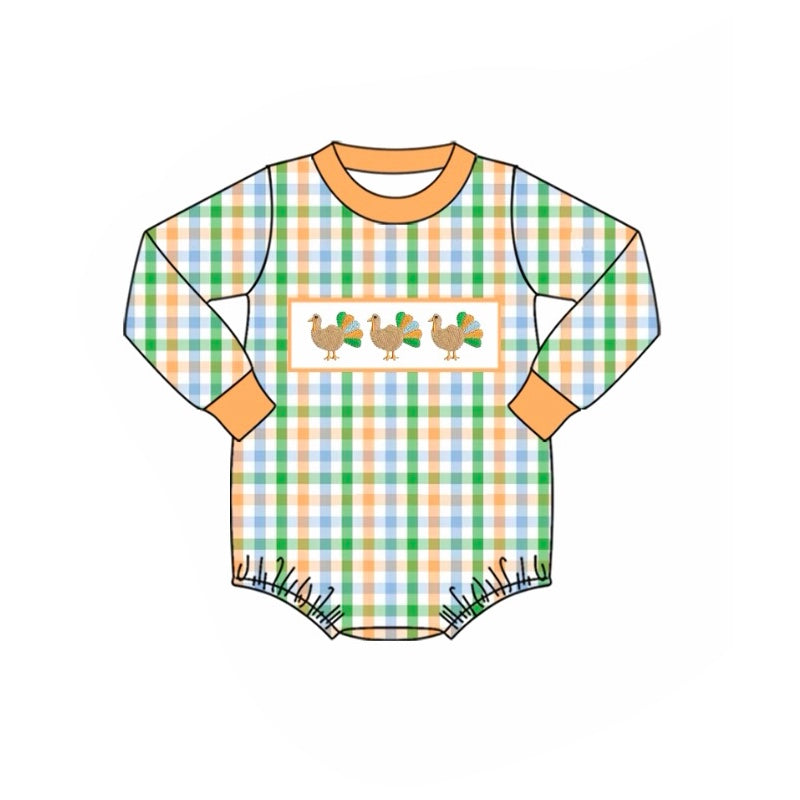 (Custom Design Preorder MOQ 5) Turkey Green Orange Plaid Print Baby Boys Thanksgiving Romper