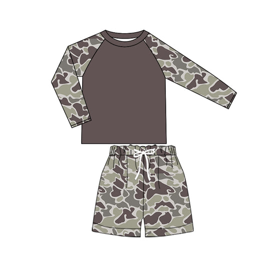 (Custom Design Preorder MOQ 5)  Dark Brown Camo Print Boys Long Sleeve 2 Pieces Swimsuits