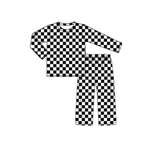 (Pre-order)GLP2297 Black Plaid Print Girls Pajamas Clothes Set